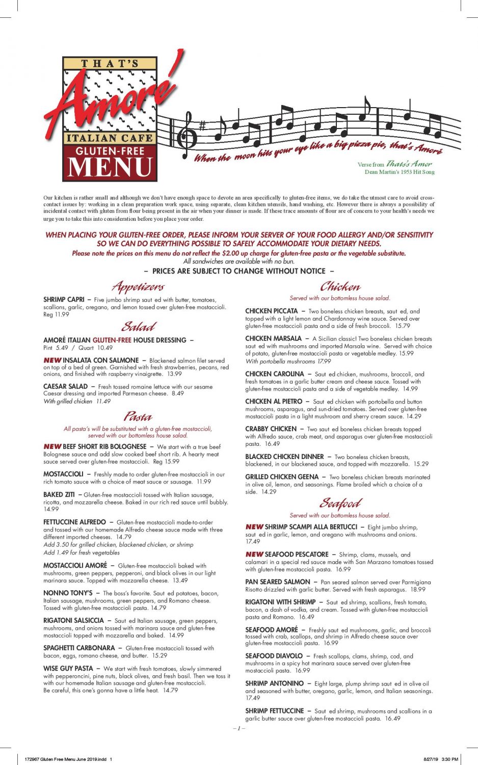 that's amore gluten free menu